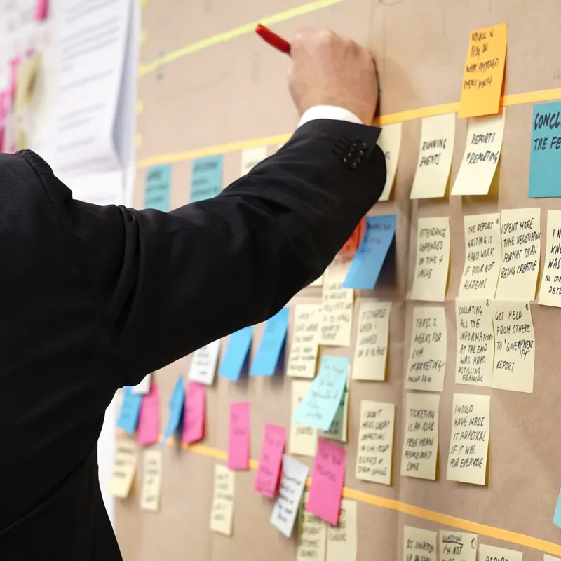 A person arranging sticky notes on a planning board